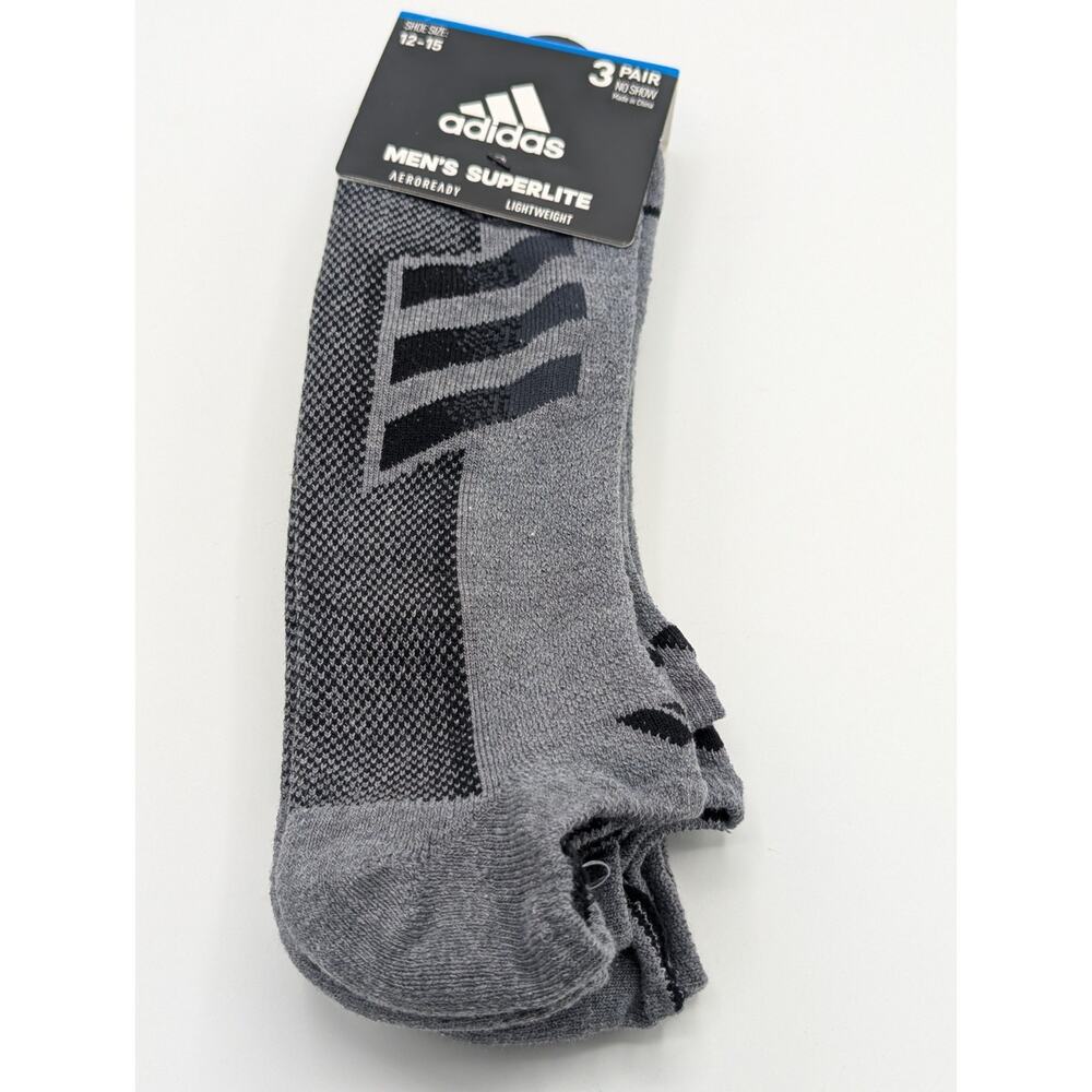 3 Pairs Adidas Men's Size XL 12-15 Superlite No Show Socks Aeroready Gray/Black